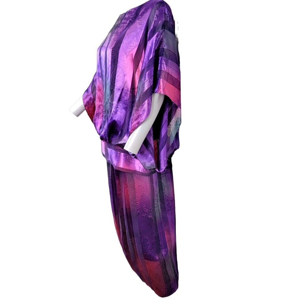 Vintage 80s Set Women 12 Colorful Floral Stripe Midi Skirt Blouse Top Shirt Pink - Picture 6 of 16